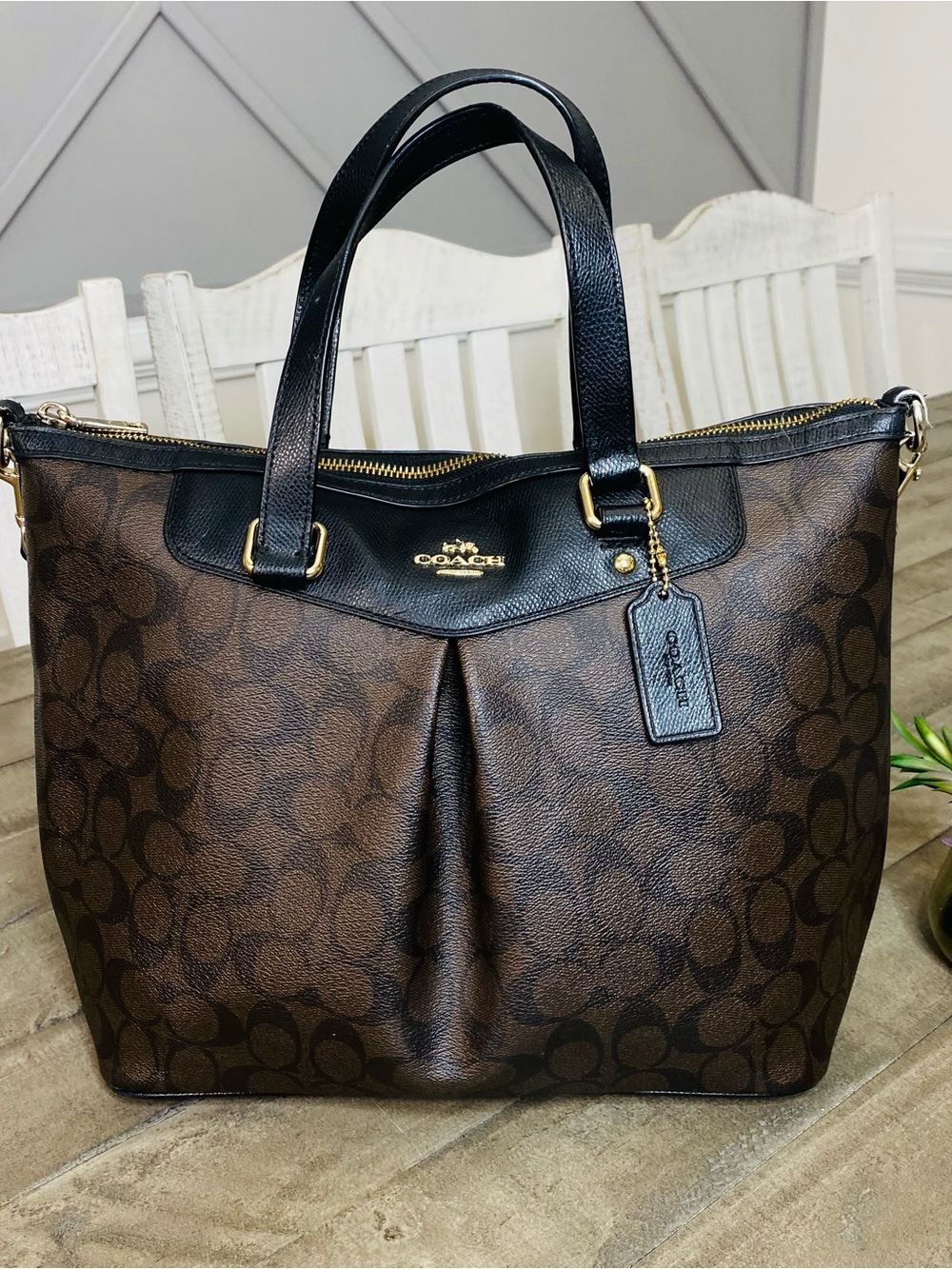 COACH F34614 Peyton Brown Signature Canvas Pleated Tote Satchel Bag Black Trim